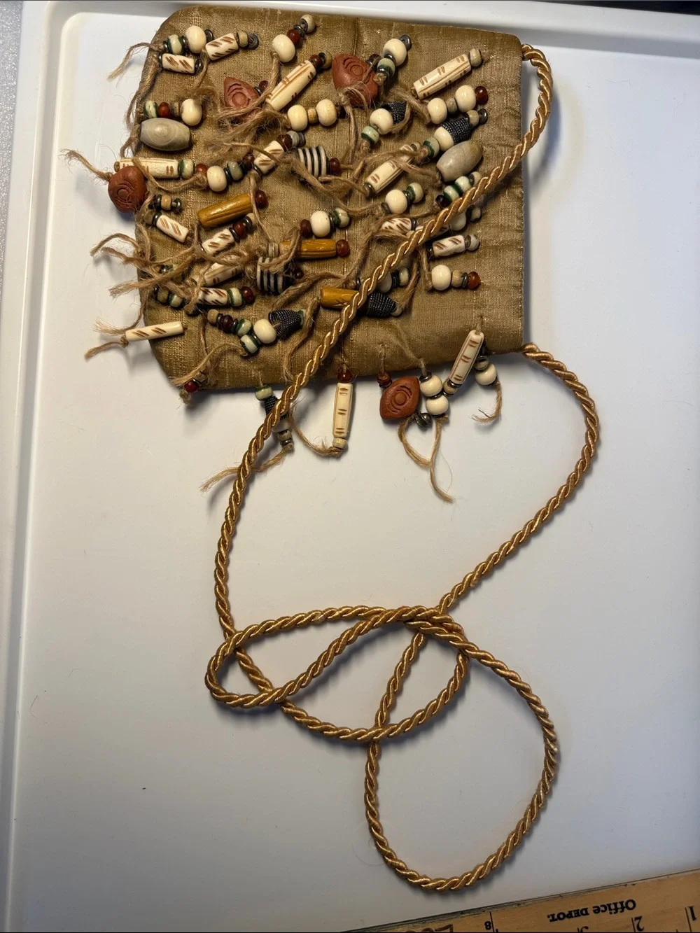 Handcrafted Beaded Fringe Crossbody Bag – Tan
